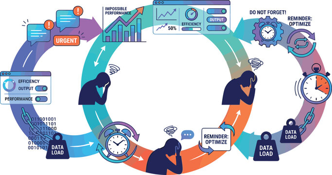 Productivity burnout loop vector infographic with data overload procrastination urgency cycles and time management optimization concepts
