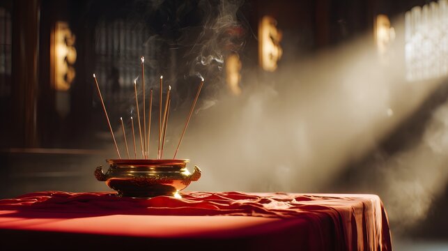 incense altar with a golden bronze censer. Burning sandalwood joss sticks with smoke in a traditional temple interior illuminated by dramatic light rays
