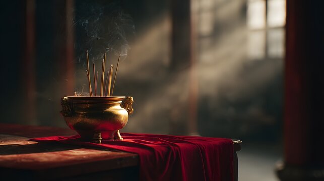 incense altar with a golden bronze censer. Burning sandalwood joss sticks with smoke in a traditional temple interior illuminated by dramatic light rays