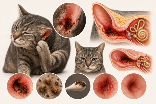 Cat Ear Infection and Ear Mites Veterinary Medical Illustration