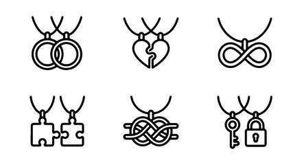 Fototapeta premium Friendship Necklaces Icons Set: Heart, Infinity, Puzzle, Key, Lock, Rings