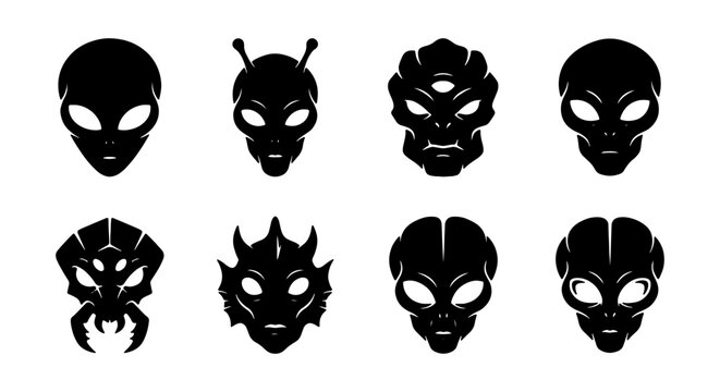 Alien Heads Vector Icons, Sci-Fi Creature Silhouettes, Extraterrestrial Faces Collection