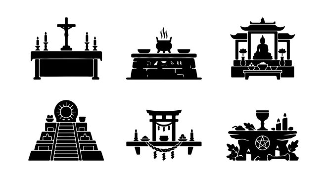 Religious Altars and Shrines Vector Icons: Worship, Ceremony, Sacred Spaces