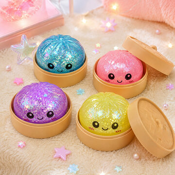 Colorful glitter squishy dumpling toys in bamboo style containers on cozy pastel background with cute decor