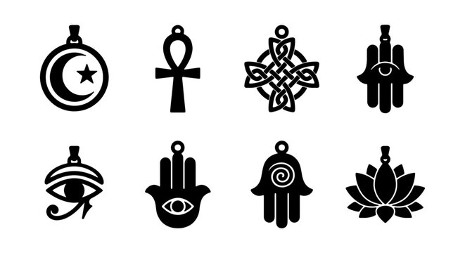Spiritual Symbols Collection: Islamic Crescent, Ankh, Celtic Knot, Hamsa, Eye of Horus, Lotus