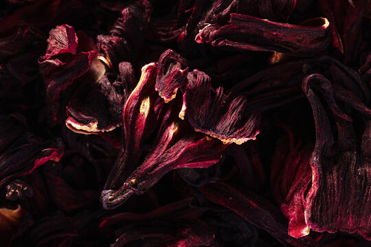 Red hibiscus tea texture close-up, dried tea leaves background, karkade herbal drink
