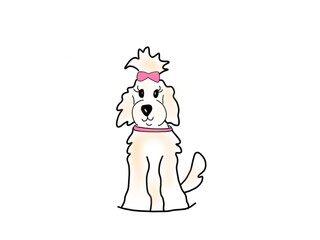 Fototapeta premium Cute fluffy goldendoodle dog character with a pink ribbon, adorable puppy girl illustration for greeting cards and stickers. 