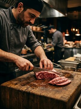 Chef expertly slicing raw beef steak on a wooden cutting board in a professional kitchen.