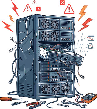 Broken server rack crash network system error connection failure, data center breakdown vector illustration