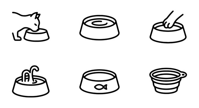 Cat Food Bowls, Pet Water Dishes, Animal Feeding Icons Set