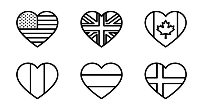 National Flags Heart Icons Set, Vector Graphic Collection