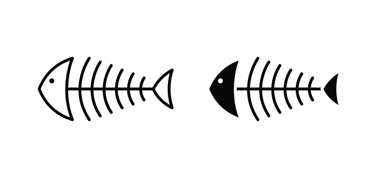 Fish bones vector icon set black filled and outlined style.