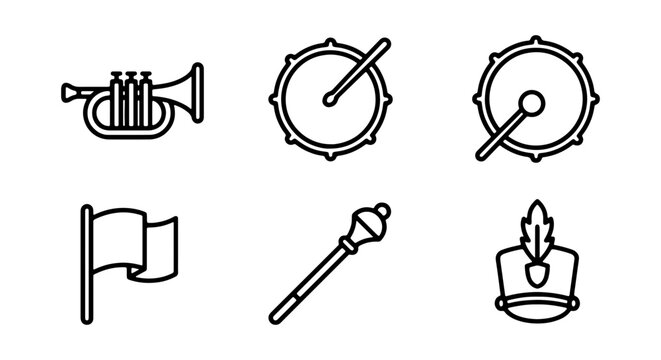 Marching Band Icons: Trumpet, Drums, Flag, Baton, Hat Set