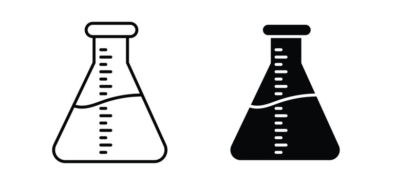 Flask vector icon set black filled and outlined style.