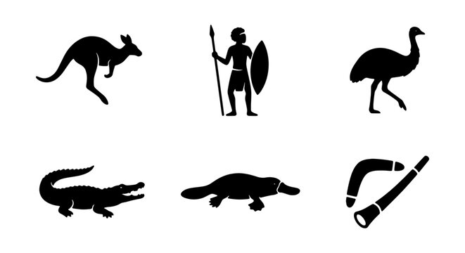 Australian Icons: Kangaroo, Emu, Aboriginal Man, Crocodile, Platypus, Boomerangs