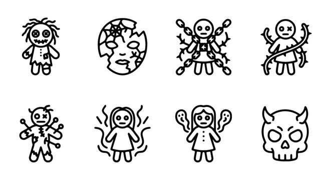 Voodoo Doll Icons, Spooky Halloween Graphics, Occult Symbols, Witchcraft Vector Set
