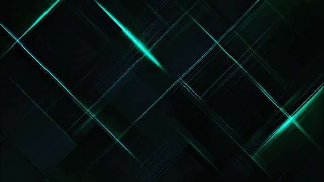 Abstract dark geometric background with glowing green neon lines crossing over overlapping textured black squares. Elegant, modern, and futuristic loop video for corporate or tech visual needs.