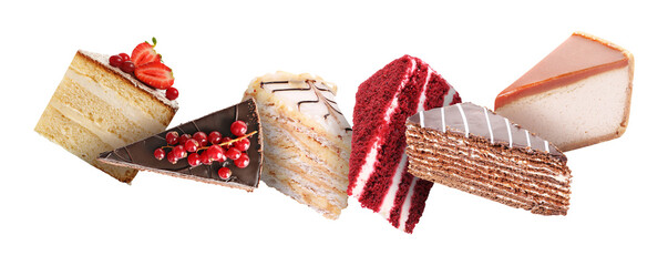 Pieces of different cakes flying in air against white background © New Africa