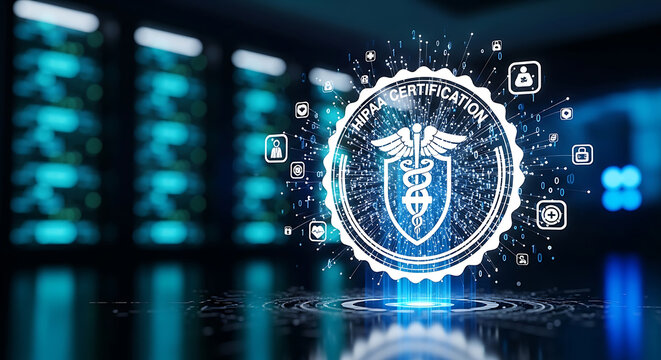HIPAA Certification Badge and Digital Medical Seal Glowing in HighTech Data Center for Healthcare Privacy and Patient Data Security Compliance