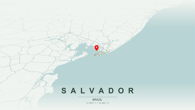 Modern minimalist vector map of Salvador (Salvador da Bahia), Brazil. High-quality scalable illustration of Salvador city grid, Baia de Todos os Santos waterfront, Elevador Lacerda axis for posters.
