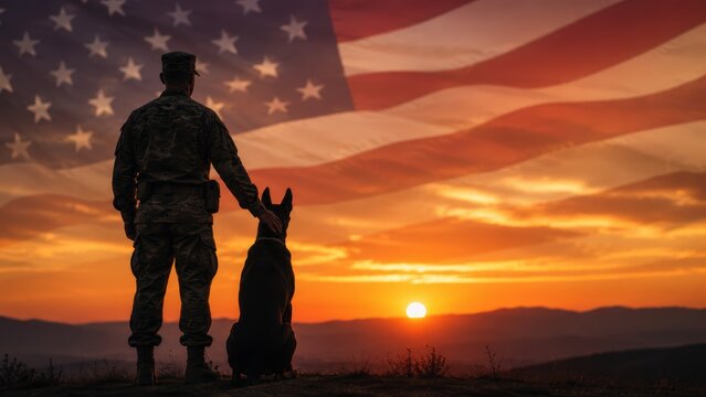 soldier with military dog silhouetted against American flag at sunset