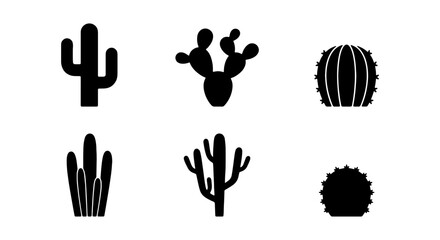 Fototapeta premium Desert Cactus Icons Set, Silhouette Plant Graphics, Arid Landscape Vector Collection