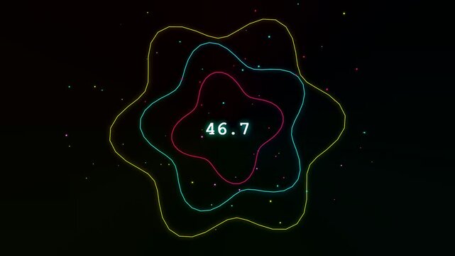 This futuristic animation features a glowing transparent UI dashboard showing data levels with pulsating organic waves and floating particles across a dark black background setting.