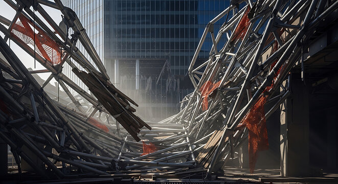 Dramatic scene of a major scaffolding accident involving a collapsed temporary scaffolding roof at a modern city construction site with debris and twisted metal