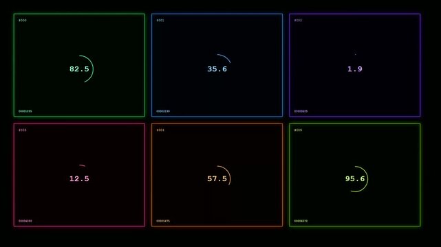 Modern analytics modules fluctuate inside a sleek transparent UI dashboard sequence featuring colorful circular progress bars and changing numerical values across a dark digital interface.