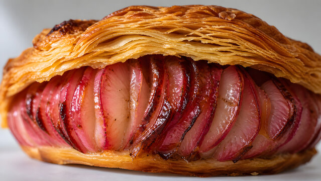 A macro close-up captures inverted radish tart texture showing flaky pastry layers and glossy caramelized surface details