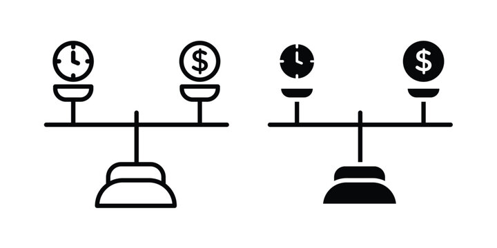 Time and money scale icon design. Black outline pictogram