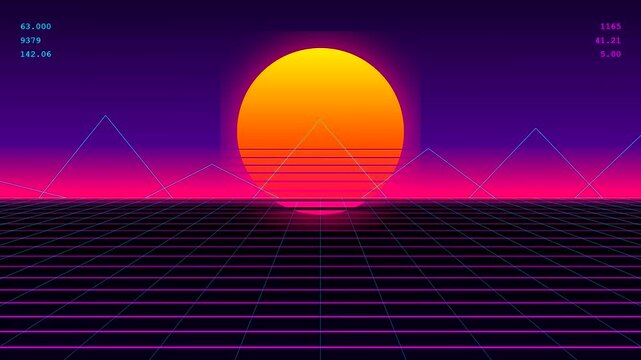 This neon synthwave motion background features a transparent UI dashboard showing digital coordinates as the camera glides across a glowing retro grid landscape toward a sun.