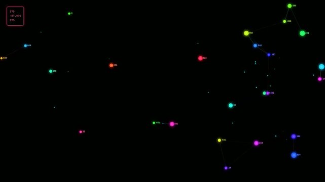 A futuristic and vibrant Transparent UI Dashboard displays animated colorful nodes connecting through digital space against a dark background to visualize complex data networking and analytics.