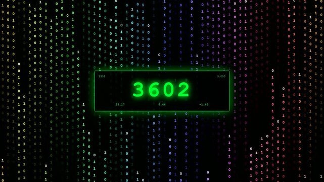 Glowing numeric values flash across a vibrant transparent UI dashboard as colorful binary code sequences fall vertically through a deep black digital space for cyber security