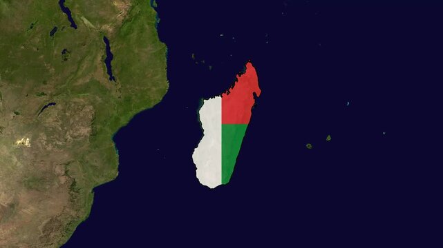 madagascar map with national flag textured on satellite geographic earth background