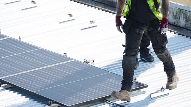 Worker walking on corrugated metal rooftop beside installed solar panel array