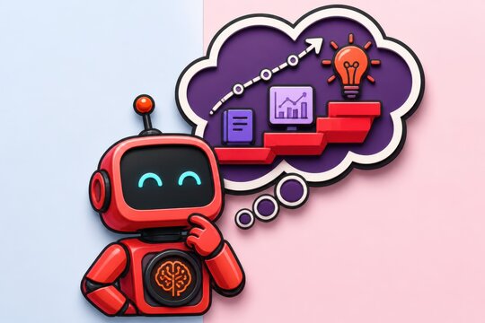 Cute red robot thinking with purple idea cloud and business growth icons on pastel background