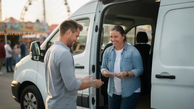 Medium shot of a mobile insurance van with an agent handing a quick quote to a customer at a lively fairground background blurred to emphasize the interaction.