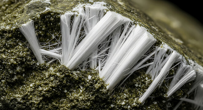 Macro Detail of Raw Chrysotile White Asbestos Fibers Protruding from Serpentine Rock Matrix Highlighting Hazardous Material for Industrial Safety and Health Education