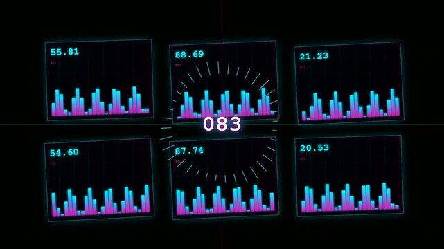 A glowing futuristic transparent UI dashboard displays dynamic data streams with pulsing bar charts and numerical indicators shifting across a dark digital interface during operation.