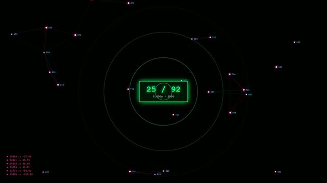 An advanced Transparent UI Dashboard tracks interconnected data nodes through concentric circular grids and glowing numeric indicators in a sophisticated dark digital space for motion.