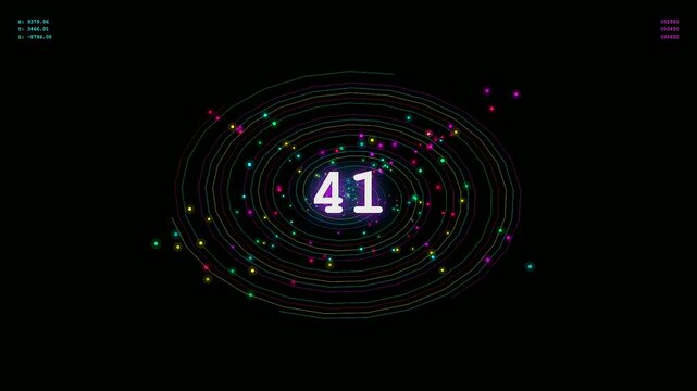 A vibrant Transparent UI Dashboard displays shifting numeric values while glowing data particles and orbiting rings rotate through a dark and futuristic digital cyberspace environment.