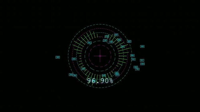 A sleek and futuristic transparent UI dashboard displays complex data processing through circular gauges and animated numerical readouts on a dark digital background.