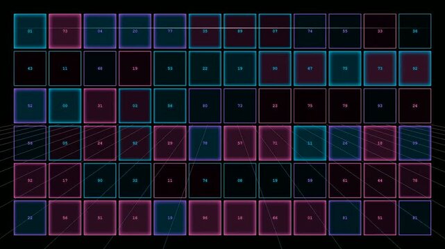 A glowing transparent UI dashboard displays flickering numeric data and vibrant neon square frames as the camera moves across an immersive high tech digital environment.