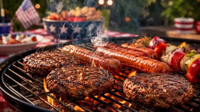 hamburgers, hot dogs and vegetable skewers cooking on outdoor barbecue grill with american flag decor, fourth of july summer picnic concept
