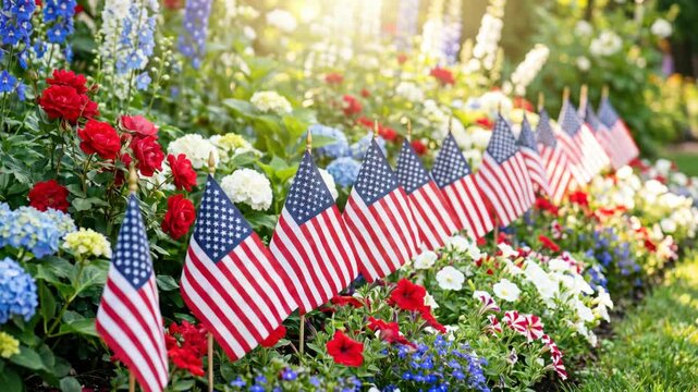 Small American flags planted in a colorful spring flower garden, patriotic outdoor decoration for Memorial Day, Veterans Day and 4th of July