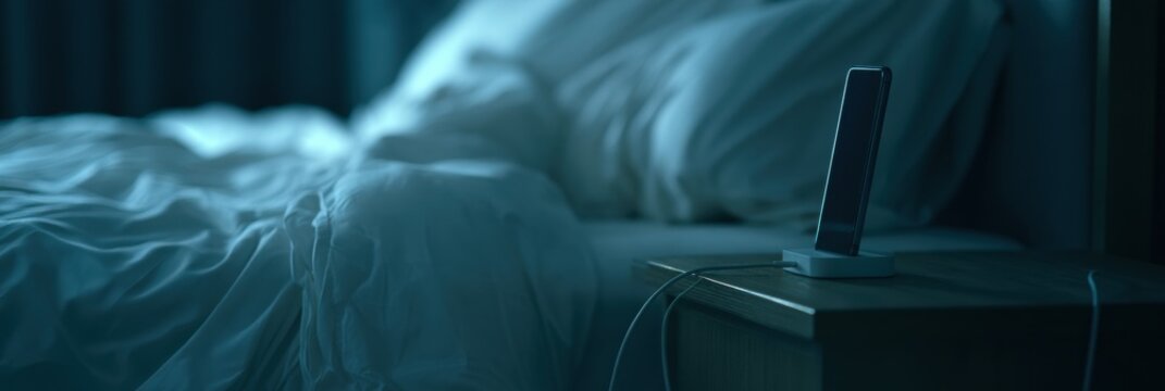 A dark bedroom features a phone charging on the nightstand with no notifications. The bed is unmade, bathed in soft blue light.