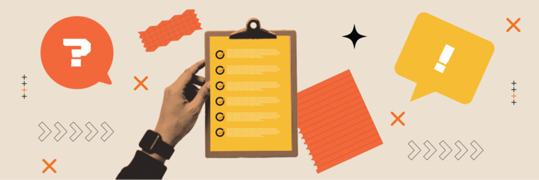 Halftone Pop Art Clipboard Checklist with Question Mark Speech Bubble. Retro Collage FAQ and Survey Communication Concept. Vintage Business Information Background
