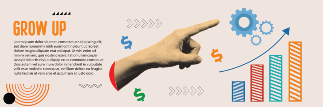 Halftone Pop Art Business Growth Concept with Human Hand and Financial Chart. Retro Collage Marketing Strategy and Revenue Increase Background