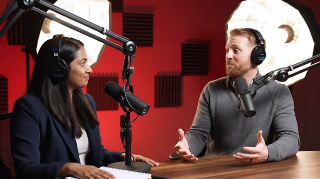 Two people podcasting in a studio with microphones and headphones.
